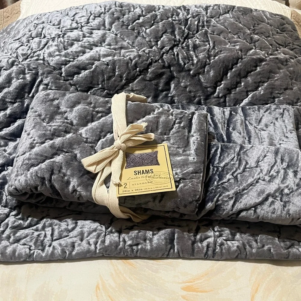 WORLD MARKET Velvet Quilted Shams Set in Charcoal Gray STANDARD SIZE